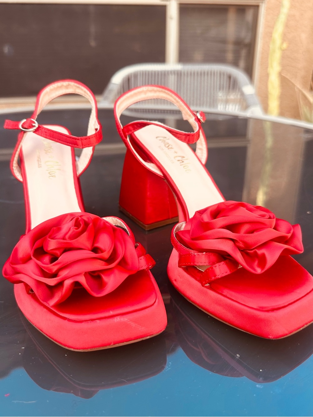 Red Floral Satin Block Heel Sandals - Women